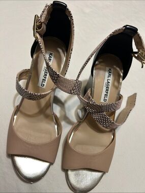Karl Lagerfeld Nude & Snake-Print Strap Heels with Metallic Toe